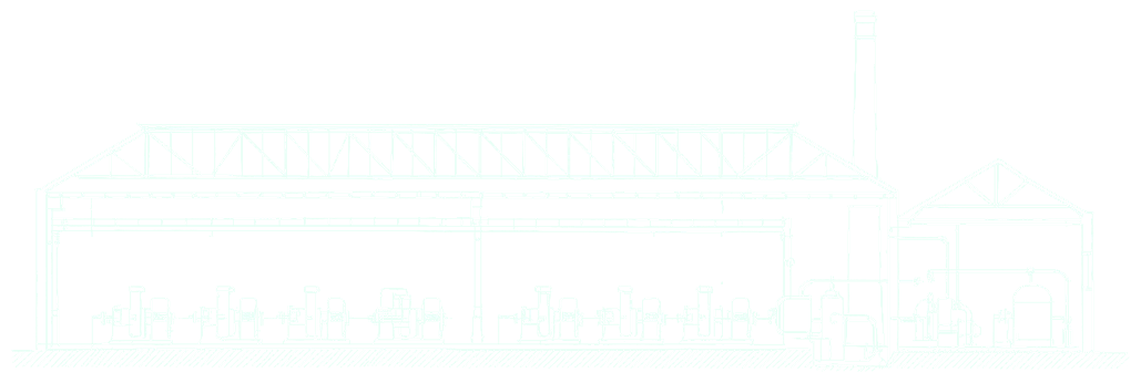 Sectional drawing of a factory engine house, with overhead crane, hanging hooks, and chimney.